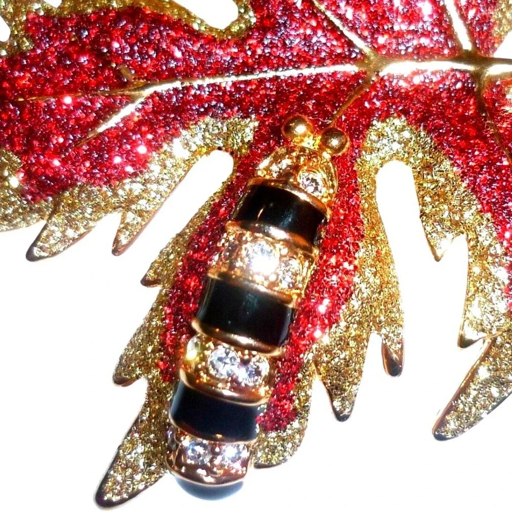 Gold Tone Red‎ Enamel Maple Leaf Brooch with Rhinestone Bee Accent Fall Pin